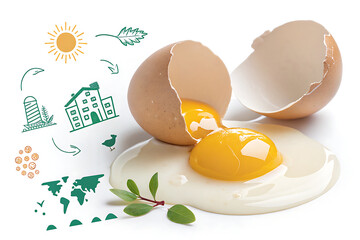 poster of a cracked egg with yolk spilled, white background, food waste symbolism