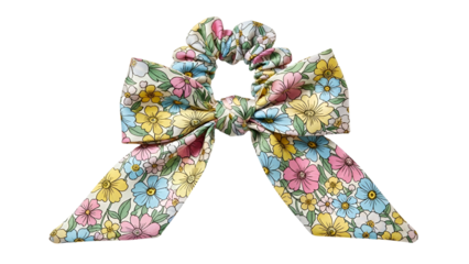 A scrunchie with a floral pattern and long tails, tied in a bow