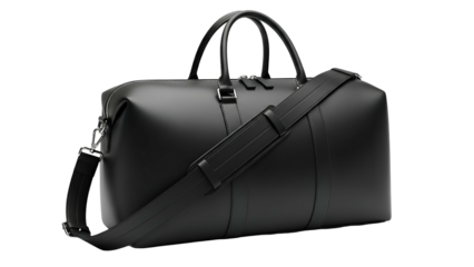 Sleek, black leather duffel bag with a shoulder strap and top handles on a clean white background