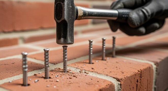 Closeup of rustresistant house number plaque anchors being hammered carefully into a brick wall for stable mounting.