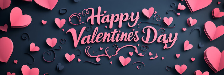 Pink Happy Valentine's Day hand lettering on dark background surrounded by black and pink 3D hearts, dark theme romantic holiday greeting card

