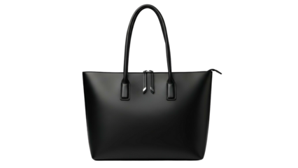 Sleek, rectangular black tote bag with long handles, set against a dark background