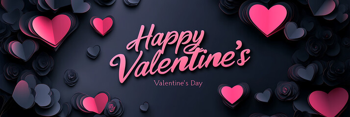 3D Happy Valentine's Day pink text with shadow effect surrounded by layered hearts, creative paper art style greeting card on black background

