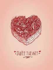 Vintage hand drawn heart shaped cake illustration with rose cream decoration and Sweetheart lettering, romantic Valentine day greeting card

