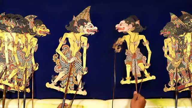 Traditional Indonesian Wayang Kulit Shadow Puppets Performance on Stage.