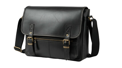 A sleek black leather messenger bag featuring multiple compartments and a shoulder strap