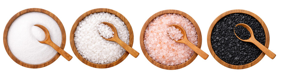 Assorted Salt Varieties in Wooden Bowls with Spoons