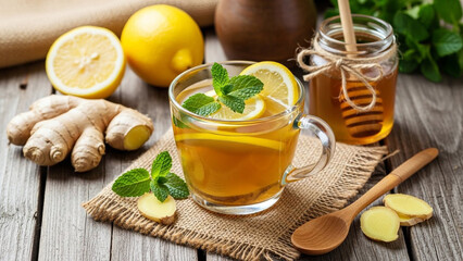 Warm Lemon Ginger Tea with Honey and Mint on Rustic Wood