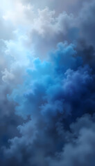 Dense blue and gray clouds with bright white light breaking through weather atmospheric