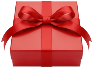 Top view of red gift box with satin ribbon and bow on transparent background