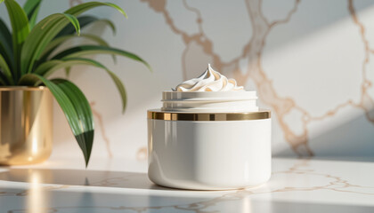 Elegant porcelain skincare cream jar on marble countertop, luxury essence  