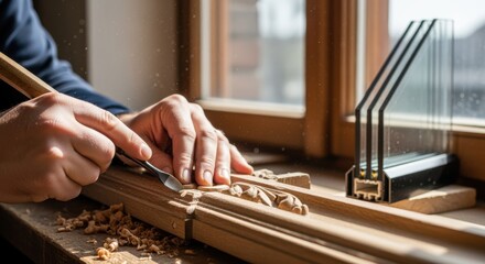 Closeup of hands carefully restoring historic window moldings beside new tripleglazed glass installation combining craftsmanship with modern retrofit technology.