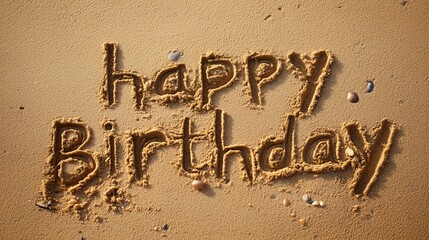 A high-angle, close-up, hyperrealistic photograph of the words happy birthday beautifully written in smooth, damp sand on a beach. Perfect for birthday, event