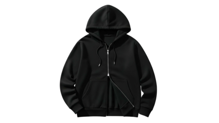 Plain, black zip-up hoodie isolated on black background, showcasing its details