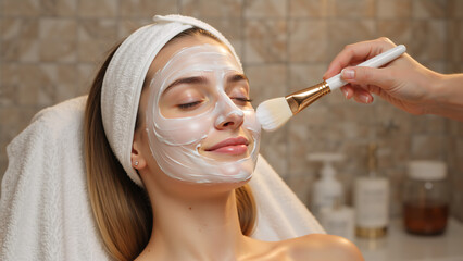 Woman receiving a white facial mask treatment in a spa. Professional skincare application with a brush. Wellness and beauty self-care concept
