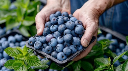  a farmer's worn hands gently cradling a bunch of ripe, deep purple blueberries on the bush