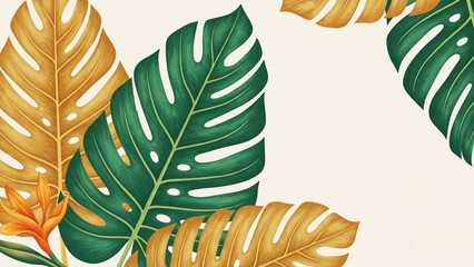 Tropical Monstera Leaves Botanical Background with Green and Golden Foliage, Elegant Nature Illustration