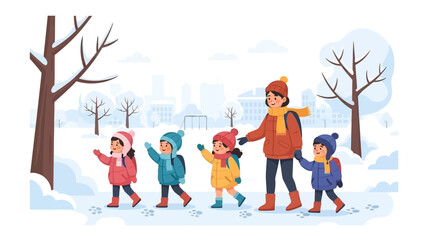 Fototapeta premium Family walking together in a snowy winter landscape with bare trees and a cityscape in the background