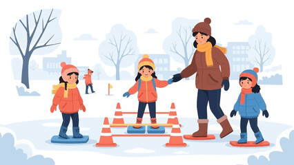 Naklejka premium Family Ice Skating Together on a Frozen Lake with Orange Cones Guiding the Way