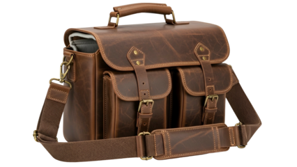 A detailed image of a brown leather camera bag with multiple compartments and straps