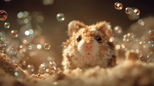 Cute Hamster Surrounded by Magical Bokeh Bubbles Close Up