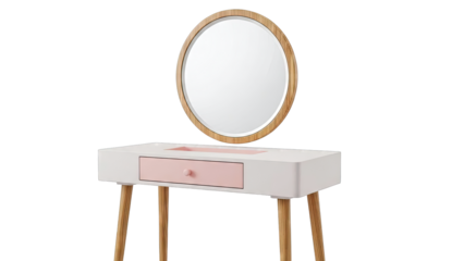 Modern White Vanity Table with Pink Drawer and Round Mirror