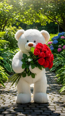 White Teddy Bear Holding Red Rose Bouquet on Garden Path &ndash; Valentine&rsquo;s Day Gift Love Concept
