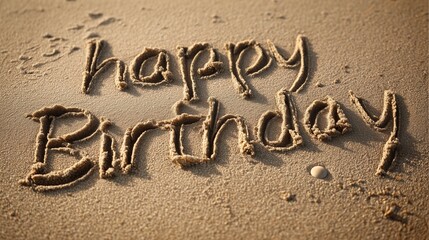 A high-angle, close-up, hyperrealistic photograph of the words happy birthday beautifully written in smooth, damp sand on a beach. Perfect for birthday, event