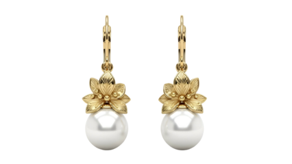 Golden earrings with floral accents and large white pearls, displayed against a dark background