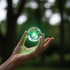 Hand Holding Glowing Orb in Forest