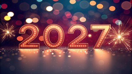 Glowing marquee numbers 2027 with fireworks and bokeh lights
