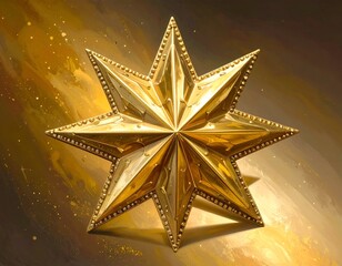 A lustrous, golden eight-pointed star, with metallic detailing, set against a blurred background