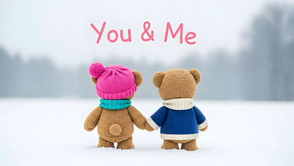 &ldquo;You & Me&rdquo; Teddy Bears Holding Hands in Snow &ndash; Cute Valentine&rsquo;s Day Love Concept