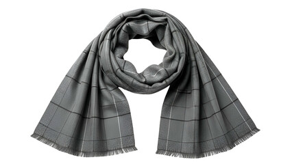 A light gray rectangular scarf with a plaid pattern draped on a black background