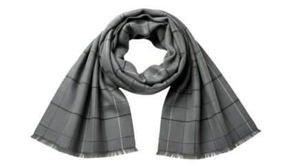 A light gray rectangular scarf with a plaid pattern draped on a black background