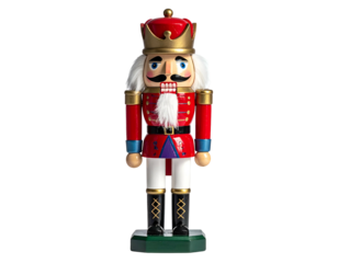 Classic toy soldier nutcracker figure in vibrant red coat and gold crown, on black
