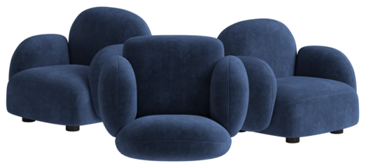 three plush, deep blue velvet armchairs with rounded shapes, arranged closely together in a modern interior setting.