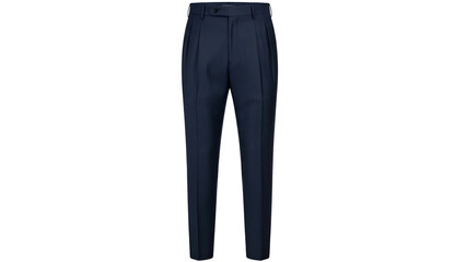 Tailored, navy blue dress pants with pleats, button closure, and pockets displayed on black background