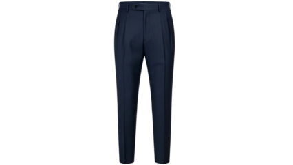 Tailored, navy blue dress pants with pleats, button closure, and pockets displayed on black background