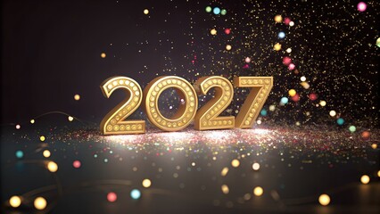 Gold marquee numbers 2027 on glitter with colorful lights