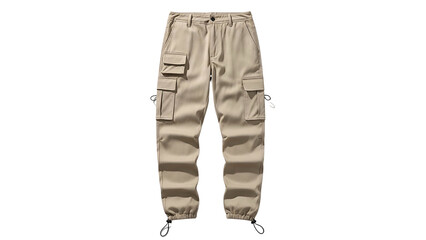 Front view of tan cargo pants with multiple pockets, drawstring cuffs, and a belt loop