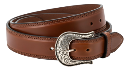 A rolled-up brown leather belt with a decorative silver buckle against a black backdrop