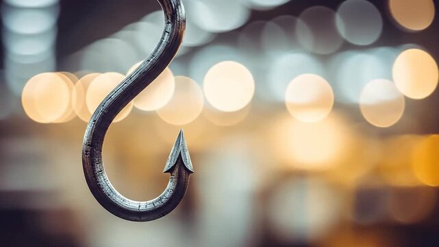 A close-up of a curved metal hook with a warm, blurred background.