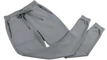 Overhead shot of gray athletic pants with a drawstring waist and zipped pockets on black background
