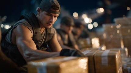 Obraz premium Skilled dockworkers carefully packaging fragile items for transport at a crowded shipping yard, illustrating the focus on quality and protection in the logistics industry. cinematic color