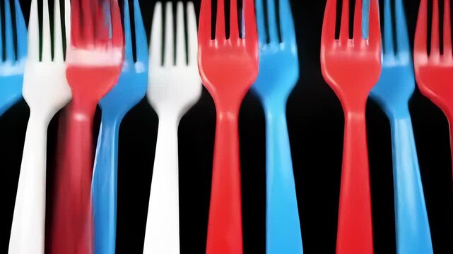 Colorful plastic forks arranged in a row against a black background.