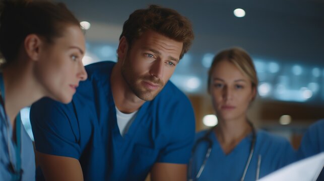 A group of orthopedic specialists collaborates over a complex case study, surrounded by medical charts and anatomy models, showcasing teamwork in a hospital conference room. cinematic color - Powered by Adobe