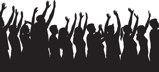 Silhouette crowd of diverse people raising hands together celebrating unity teamwork community success happiness joy collective energy concept