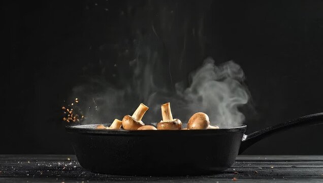 Cooking mushrooms in a pan with steam and ingredients, culinary concept.