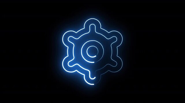 A glowing neon blue gear or cogwheel symbol with a detailed, segmented structure rotates against a black background, representing mechanical components, industry, or complex systems in a visually stri